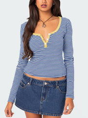 Buttoned Striped Long Sleeve T-Shirt - Trendsi