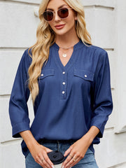 Notched Three-Quarter Sleeve Denim Top