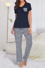 Pocketed Short Sleeve Top and Striped Pants Lounge Set - Flyclothing LLC