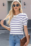 Striped Round Neck Puff Sleeve Knit Top - Flyclothing LLC