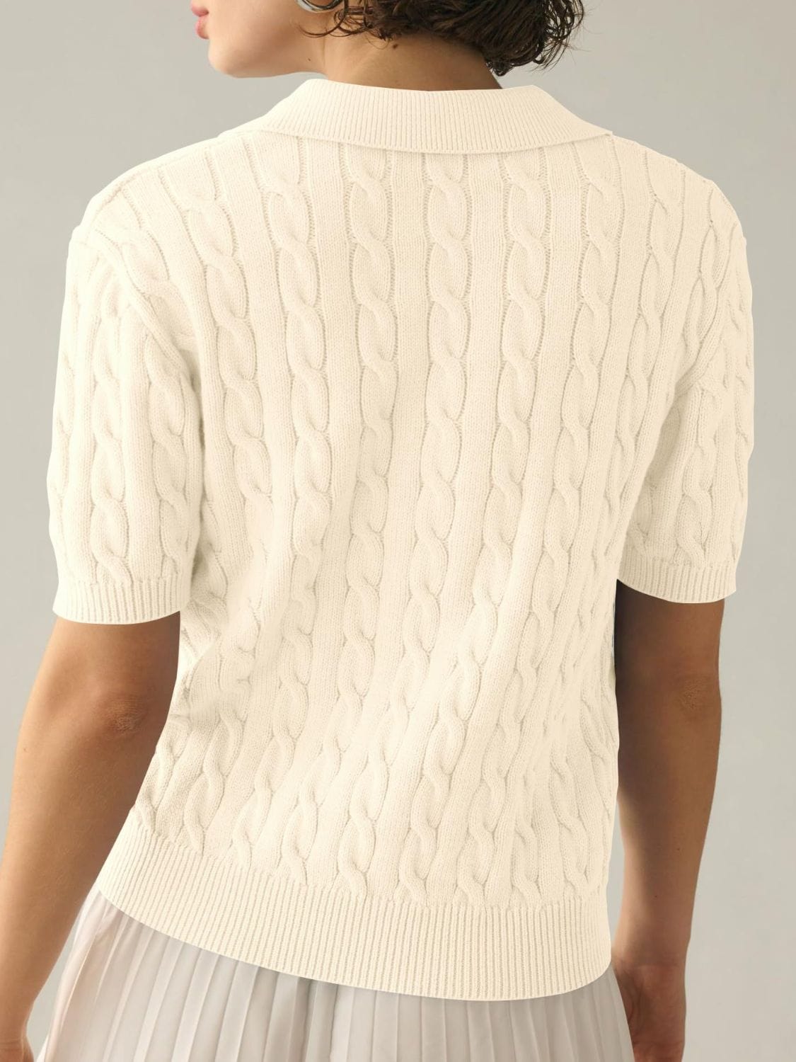 Cable-Knit Collared Neck Half Sleeve Sweater - Trendsi