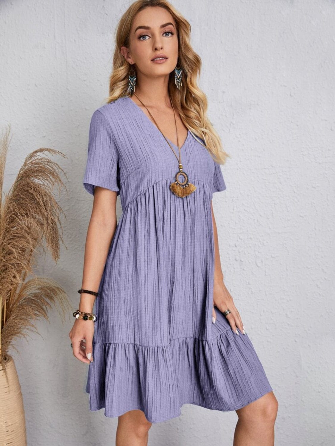 Full Size V-Neck Short Sleeve Dress - Trendsi