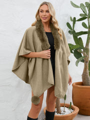 Fuzzy Trim Open Front Poncho - Trendsi