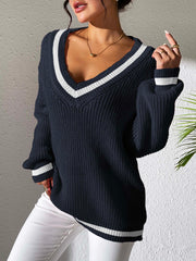 Contrast Trim V-Neck Long Sleeve Sweater - Trendsi