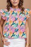 Printed Round Neck Cap Sleeve Blouse - Flyclothing LLC