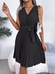 Tied Surplice Sleeveless Pleated Dress Trendsi