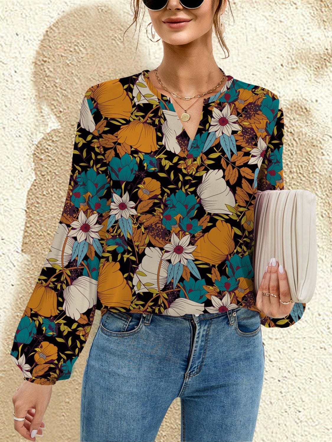 FAM-FAM Printed Notched Long Sleeve Blouse - Trendsi