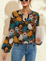 FAM-FAM Printed Notched Long Sleeve Blouse - Trendsi