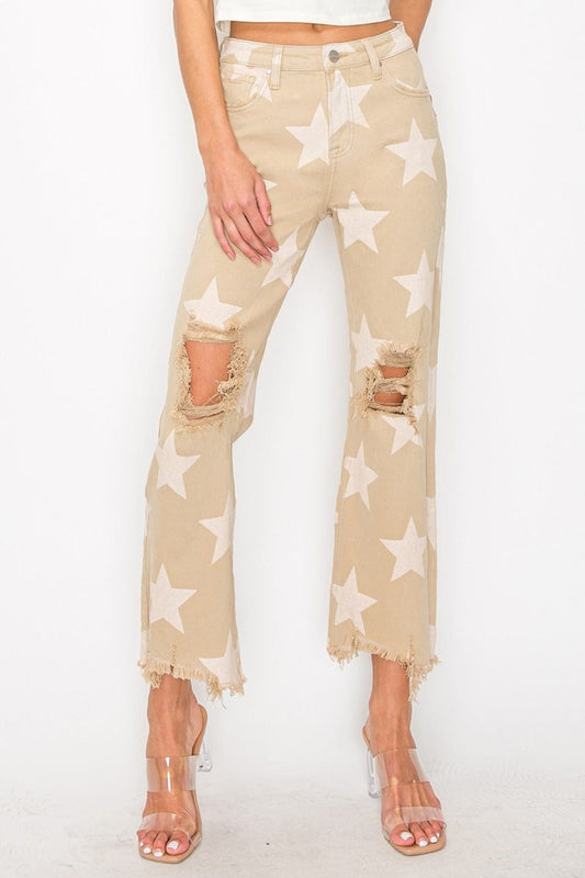 RISEN Full Size High Rise Star Printed Frayed Hem Jeans - Trendsi