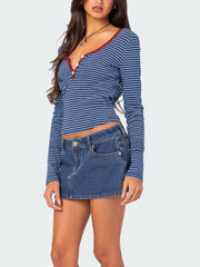 Buttoned Striped Long Sleeve T-Shirt - Trendsi