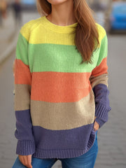 Color Block Round Neck Long Sleeve Sweater - Trendsi