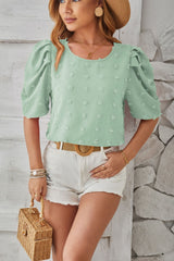 Swiss Dot Round Neck Short Sleeve Blouse Trendsi