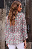 Printed Notched Balloon Sleeve Blouse - Flyclothing LLC