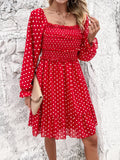 Smocked Polka Dot Long Sleeve Dress - Flyclothing LLC