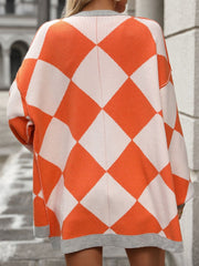 Checkered Dropped Shoulder Long Sleeve Cardigan - Trendsi