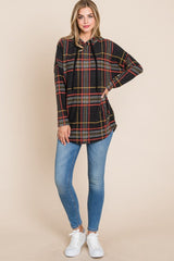 BOMBOM Drawstring Plaid Long Sleeve Hoodie - Trendsi