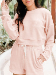 Ribbed Round Neck Long Sleeve Top and Shorts Set