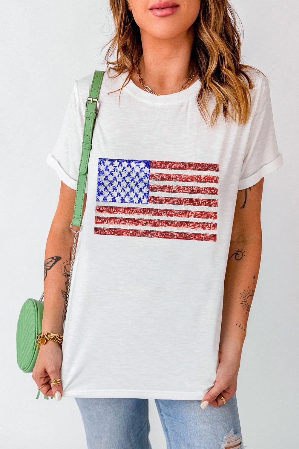 US Flag Round Neck Short Sleeve T-Shirt Trendsi