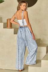 Square Neck Wide Strap Denim Overalls Trendsi