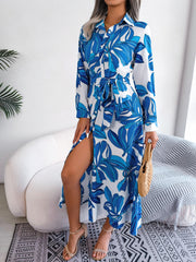 Tied Button Up Long Sleeve Dress - Flyclothing LLC