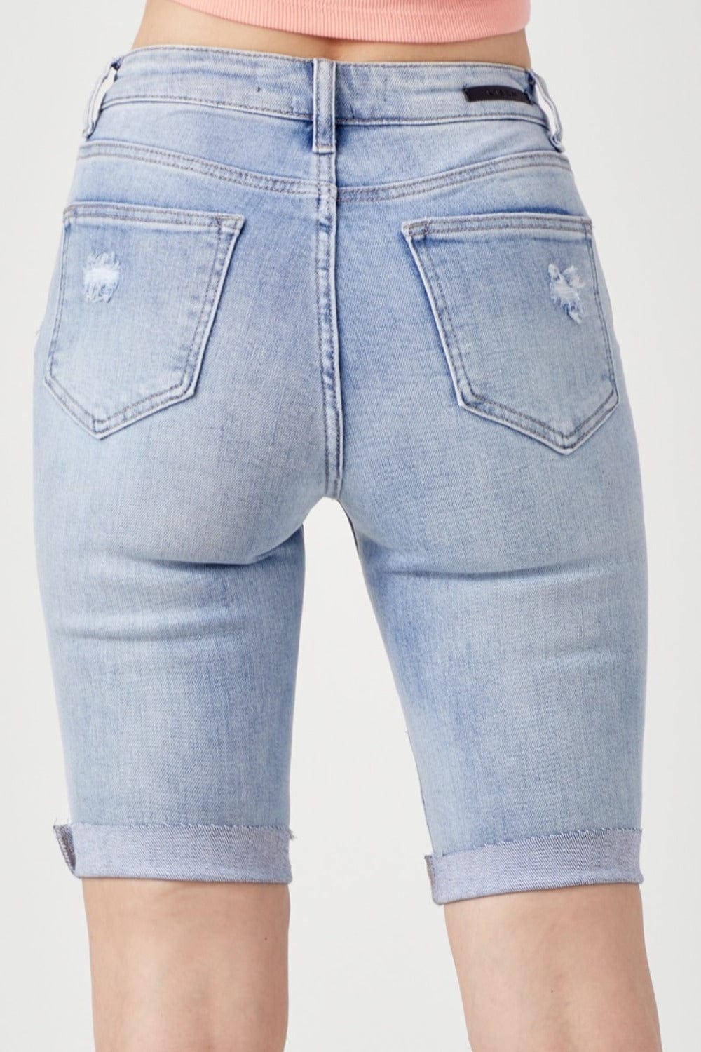 RISEN High Rise Distressed Denim Bermuda Shorts - Trendsi