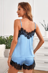 Lace Detail Spaghetti Strap Top and Shorts Lounge Set - Flyclothing LLC