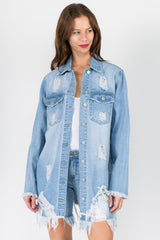 American Bazi Distressed Frayed Hem Denim Jacket - Trendsi