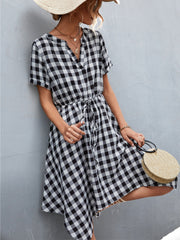 Plaid Notched Short Sleeve Dress Trendsi