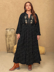 Plus Size Embroidered Polka Dot Notched Long Sleeve Dress - Trendsi