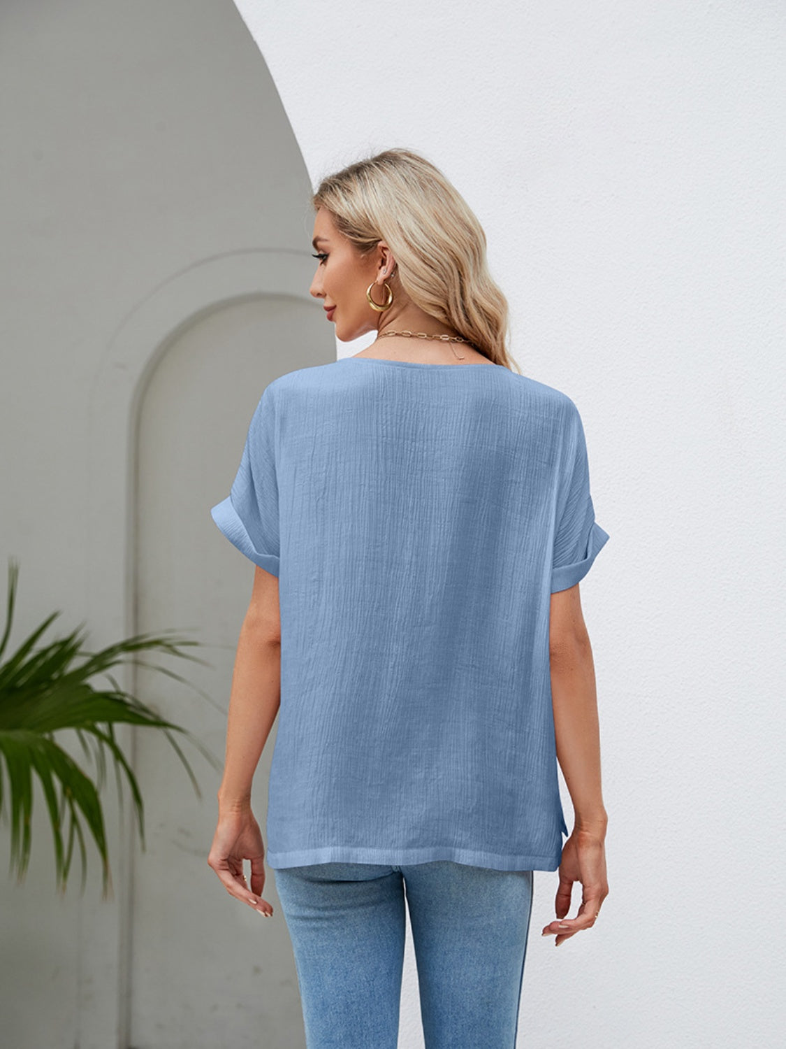 Round Neck Short Sleeve Blouse - Flyclothing LLC