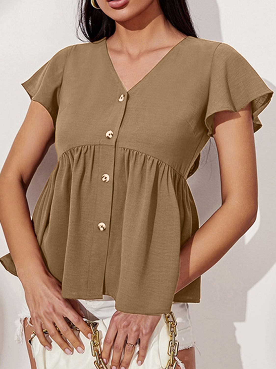 V-Neck Flutter Sleeve Blouse - Flyclothing LLC