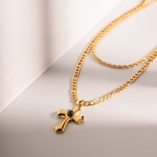 18K Gold-Plated Double Layered Cross Necklace - Trendsi