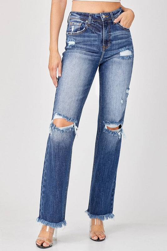 Risen Full Size Raw Hem Distressed Straight Jeans - Trendsi