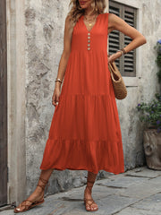 Decorative Button Notched Sleeveless Dress Trendsi