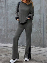 Contrast Round Neck Long Sleeve Top and Bootcut Pants Set - Trendsi