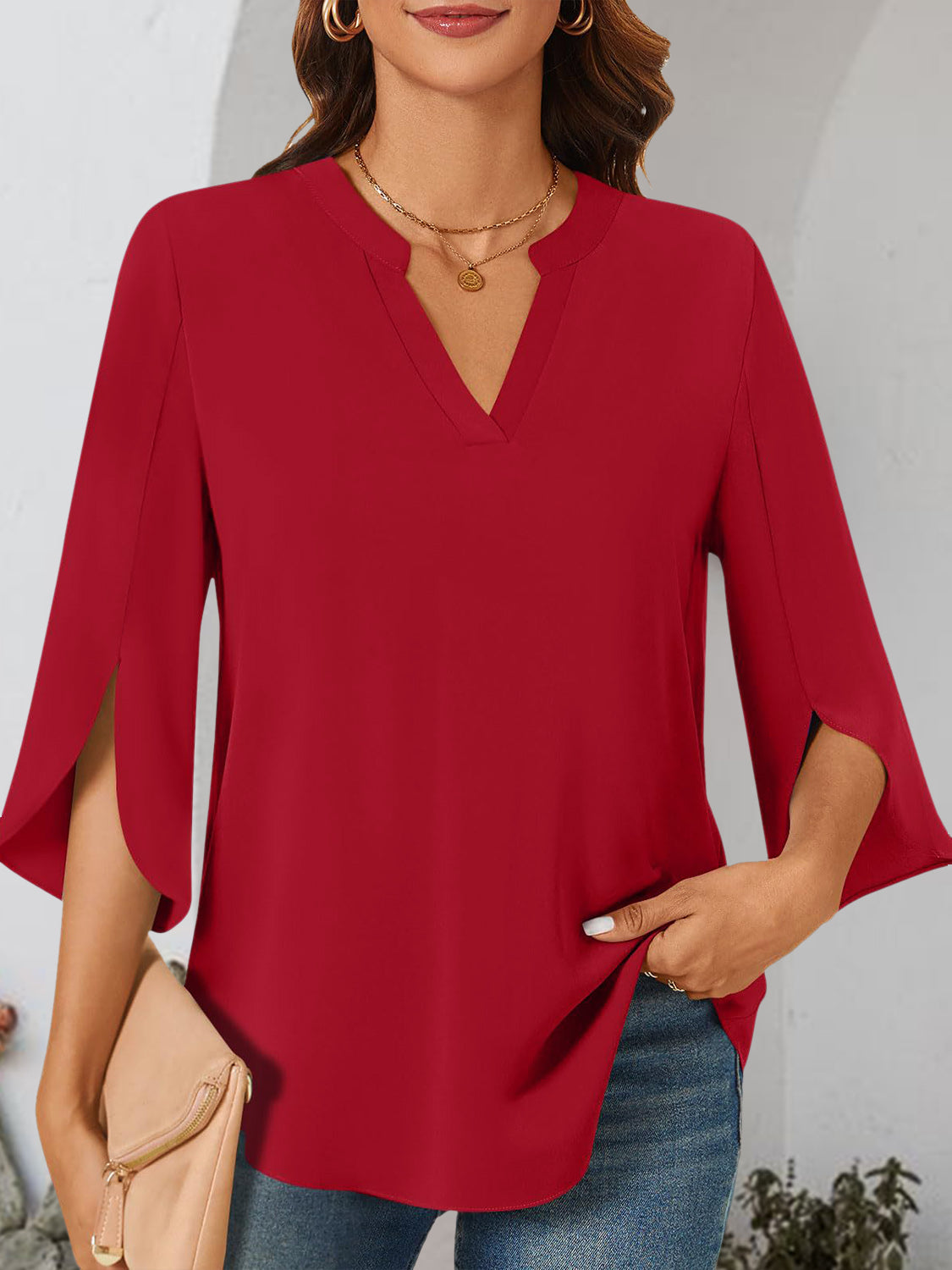 Notched Slit Half Sleeve Blouse Trendsi