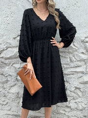 Full Size Swiss Dot V-Neck Long Sleeve Midi Dress - Trendsi