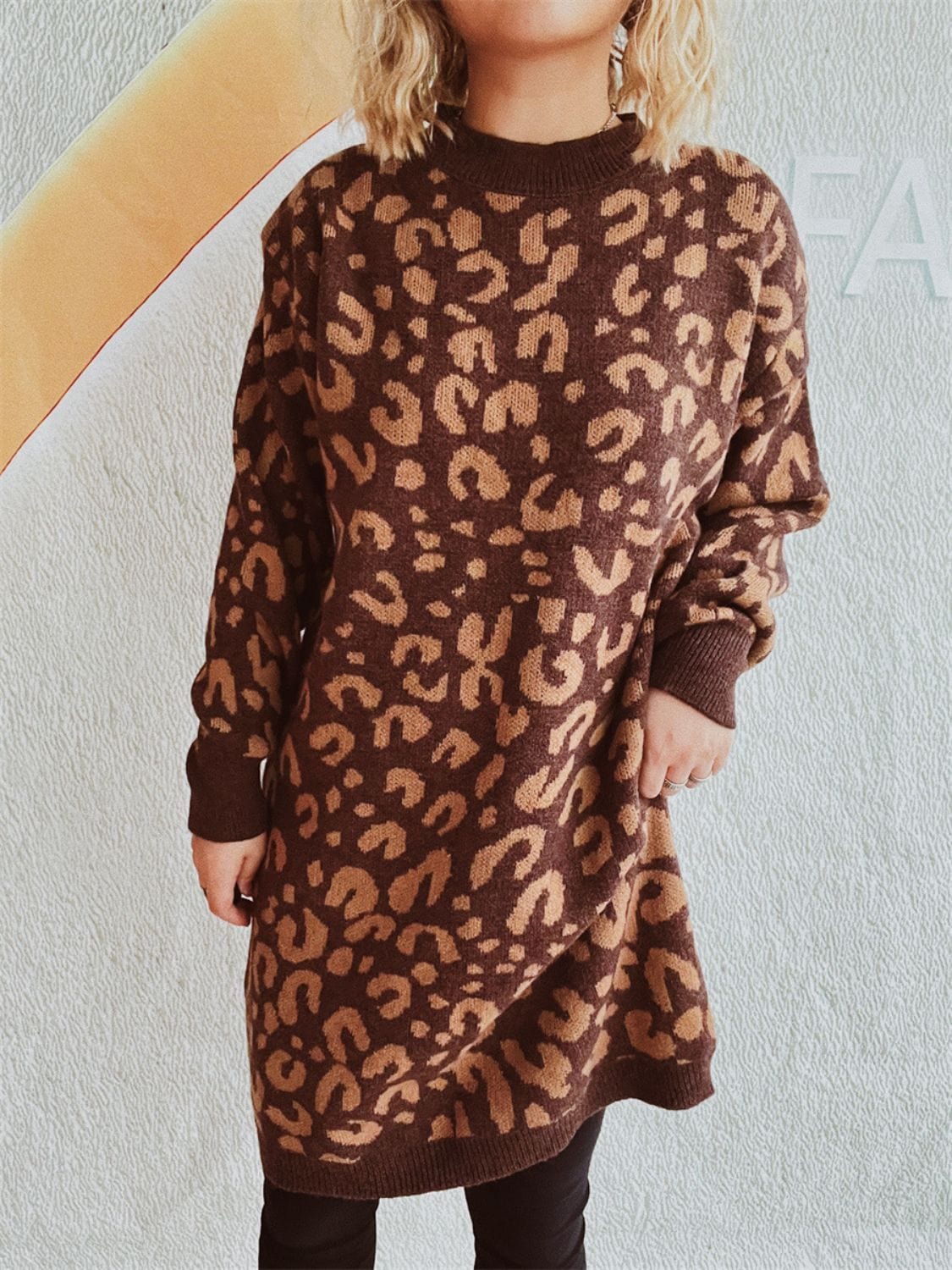 Leopard Round Neck Long Sleeve Sweater - Trendsi