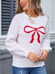 Bow Graphic Round Neck Long Sleeve Sweater - Trendsi