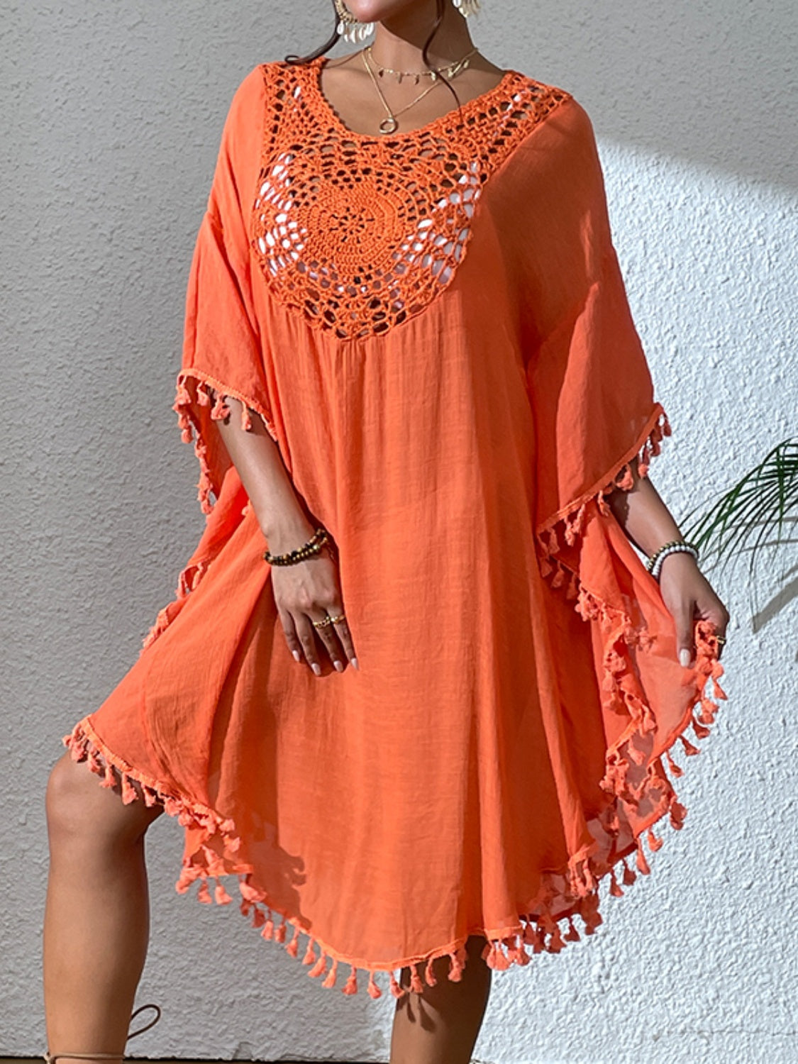 Tassel Cutout Scoop Neck Cover-Up Dress - Flyclothing LLC