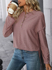 Eyelet Round Neck Long Sleeve Top - Trendsi