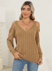 Cable-Knit Cold Shoulder Sweater - Trendsi