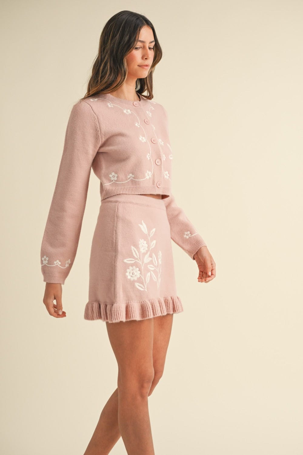 MABLE Floral Embroidered Crop Cardigan and Ruffled Mini Skirt Set - Trendsi