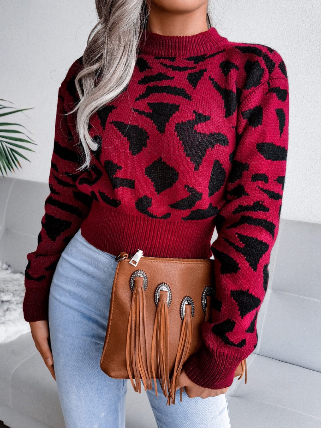 Leopard Round Neck Dropped Shoulder Sweater - Trendsi