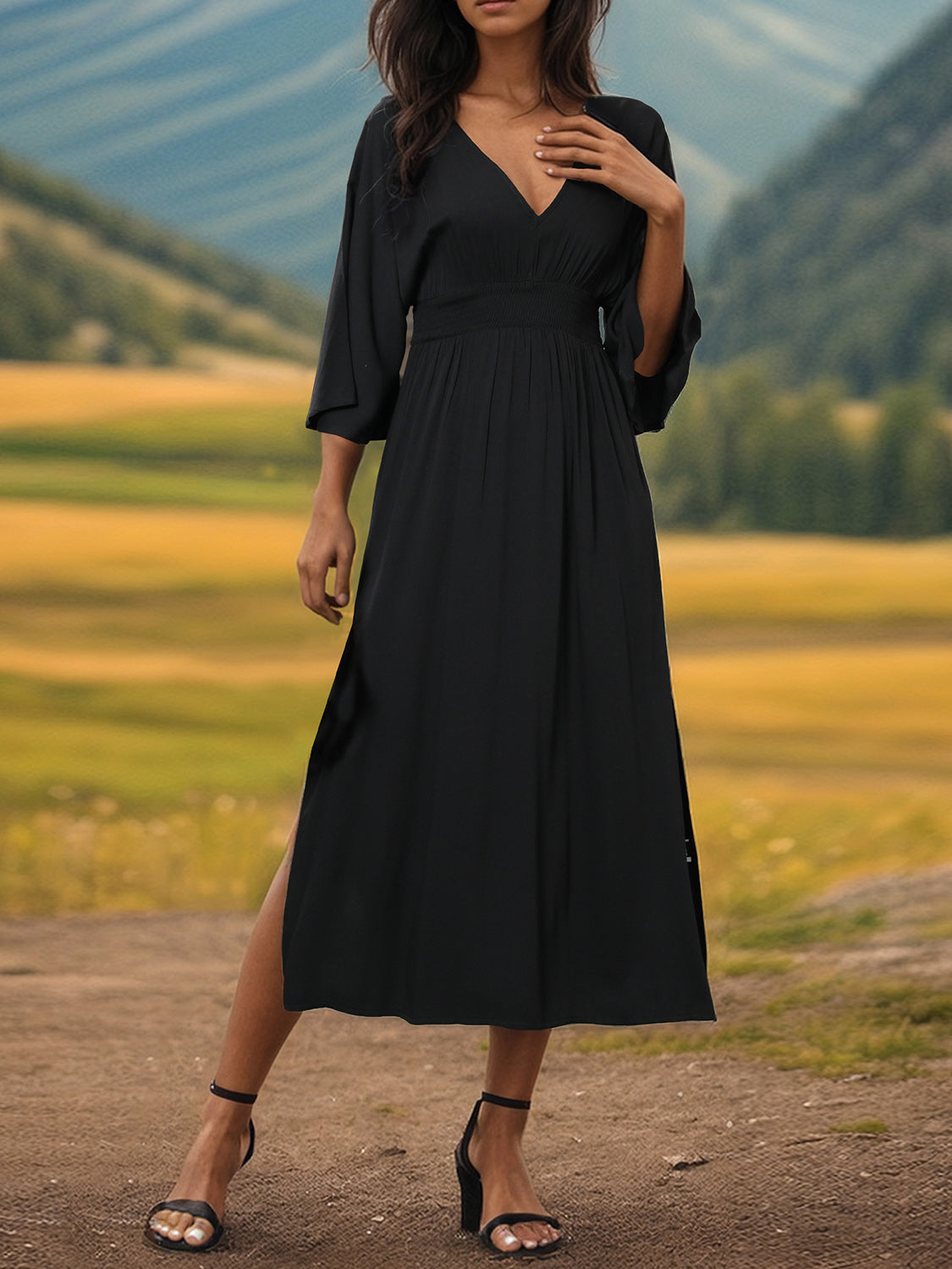 Slit V-Neck Long Sleeve Midi Dress - Flyclothing LLC