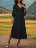 Slit V-Neck Long Sleeve Midi Dress - Flyclothing LLC