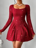 Backless Glitter Square Neck Long Sleeve Mini Dress - Trendsi