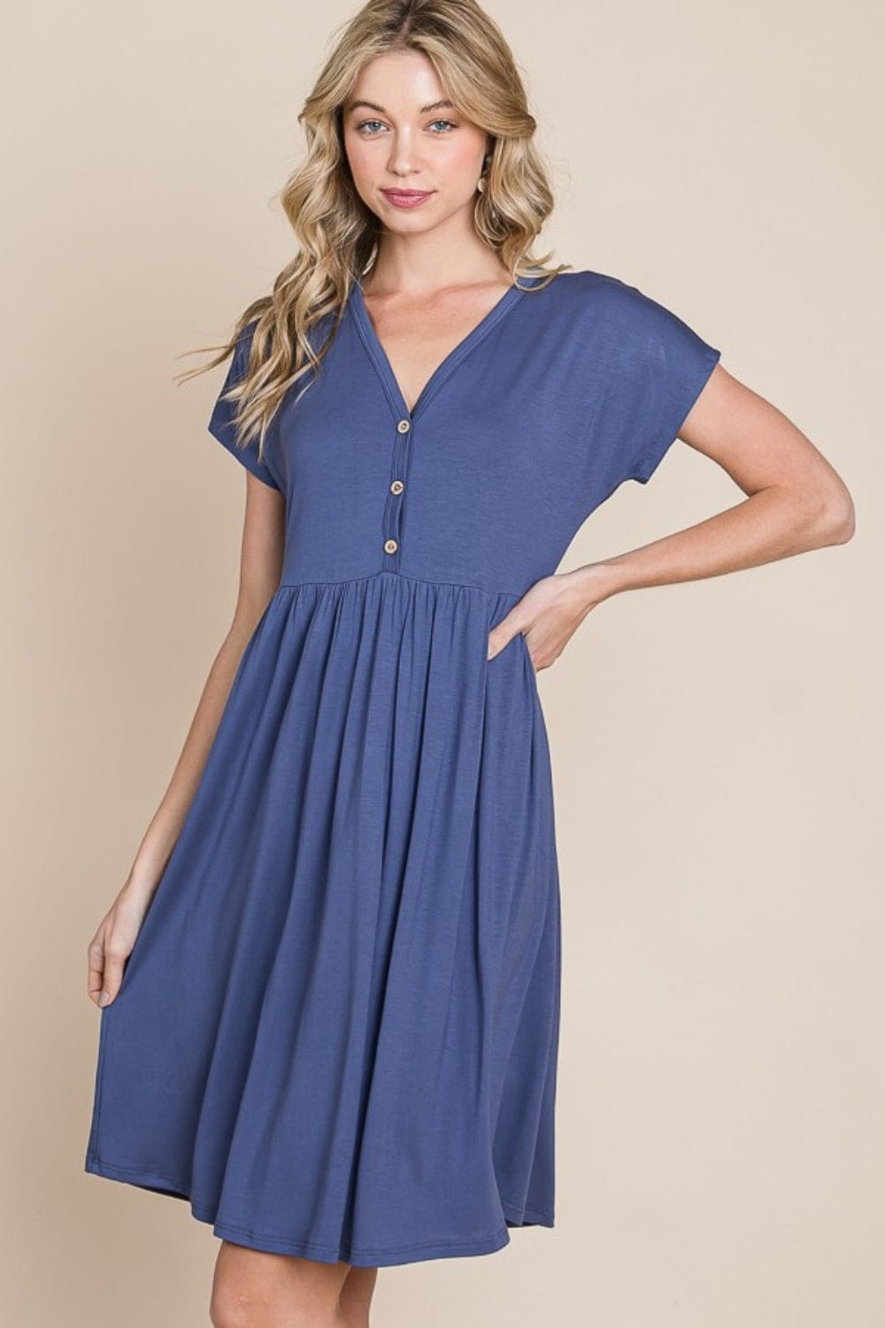 BOMBOM V-Neck Short Sleeve Dress - Trendsi