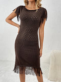 Fringe Openwork Boat Neck Knit Dress - Flyclothing LLC