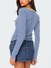 Buttoned Striped Long Sleeve T-Shirt - Trendsi